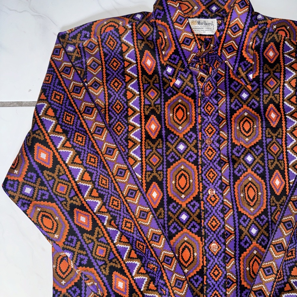 VTG 80s Marlboro Aztec Dagger Collar Dress Shirt Mens Disco L Western Retro